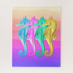 Nautical aqua/pink/blue/gold seahorses throw pillo jigsaw puzzle