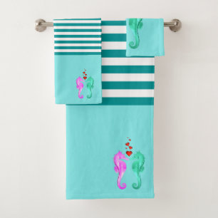 Nautical aqua/pink/kissing seahorses/hearts  bath  towel set