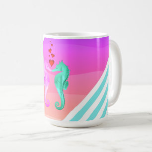 Nautical aqua/pink/seahorses kissing hearts  lapto coffee mug
