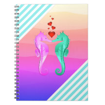 Nautical aqua/pink/seahorses kissing hearts notebo