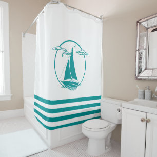Nautical aqua sailboat silhouette/aqua stripes shower curtain