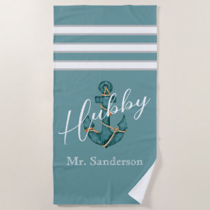 Nautical Aqua Teal Blue Anchor Hubby Honeymoon Beach Towel