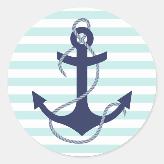 Nautical Aqua & White Stripes Navy Blue Anchor Classic Round Sticker (Front)