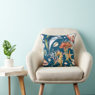 Nautical Aquatic Life Pattern / Blue Cushion