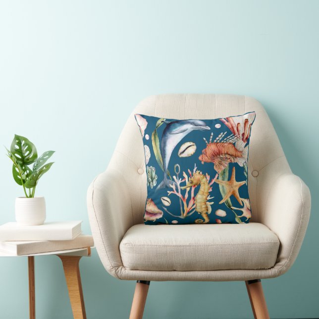 Nautical Aquatic Life Pattern / Blue  Cushion (Chair)