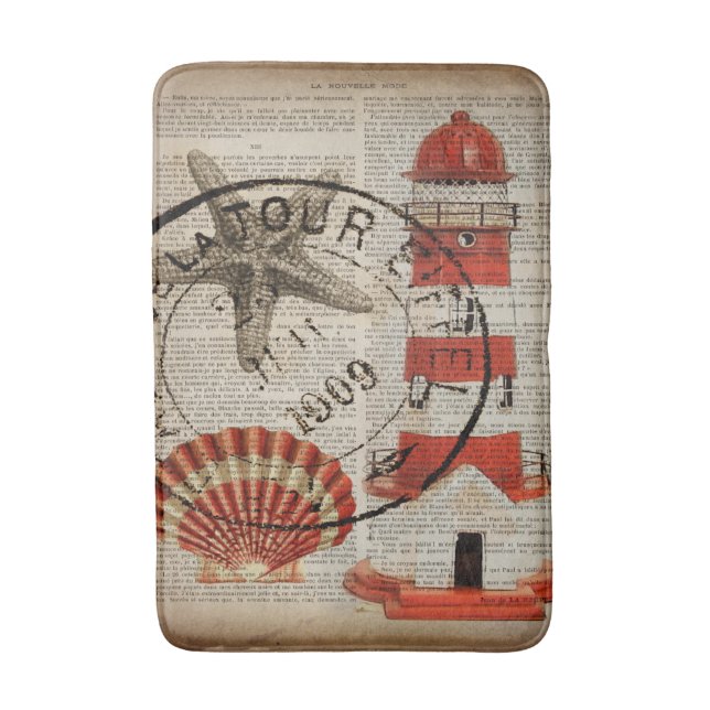 Nautical art coastal Beach seashell lighthouse Bath Mat (Front Vertical)