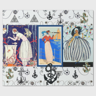 NAUTICAL ART DECO BEAUTY FASHION WITH ANCHORS WRAPPING PAPER
