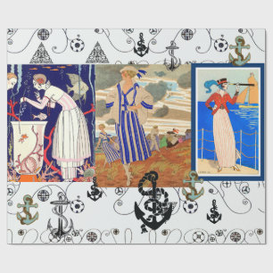 NAUTICAL ART DECO BEAUTY FASHION WITH ANCHORS WRAPPING PAPER