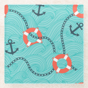 Nautical Attributes Freehand Seamless Pattern Glass Coaster