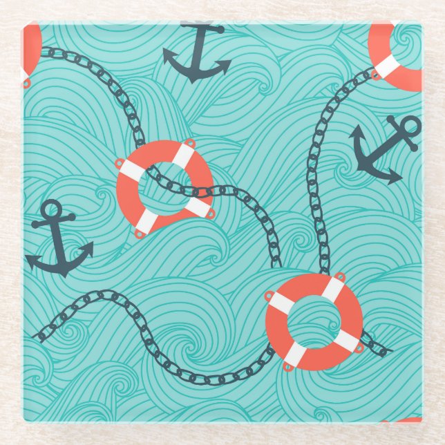 Nautical Attributes Freehand Seamless Pattern Glass Coaster (Front)