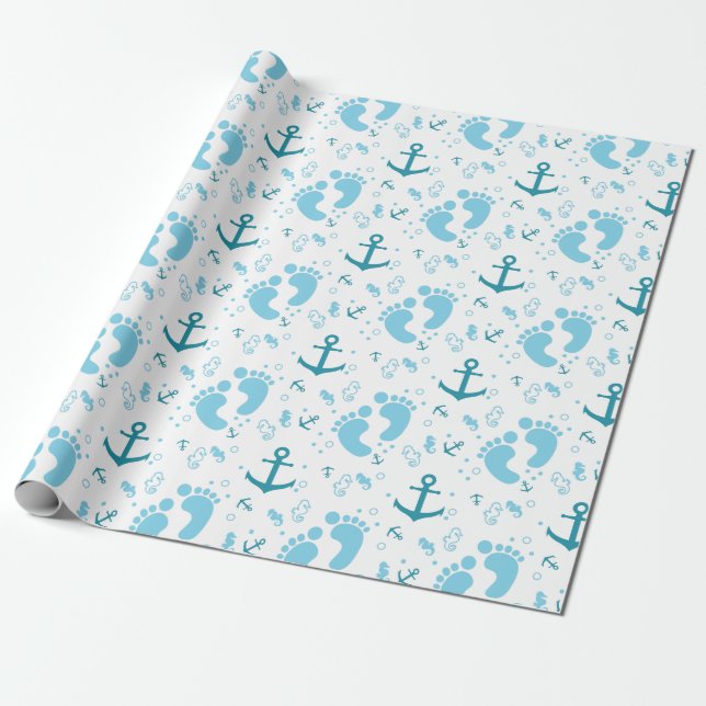 Nautical baby boy blue pattern wrapping paper (Unrolled)