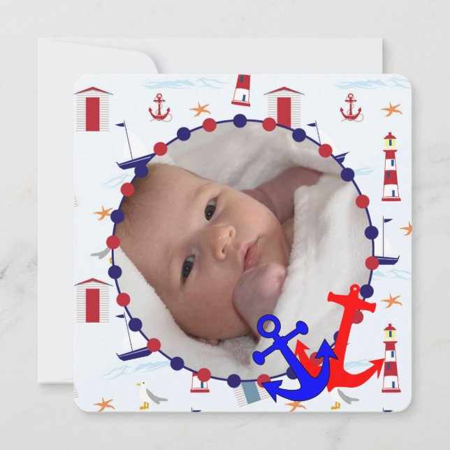 Nautical baby boy personalised photo announcement (Front)