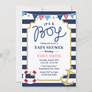 Nautical Baby Boy Shower Gold Anchor Navy Stripes Invitation