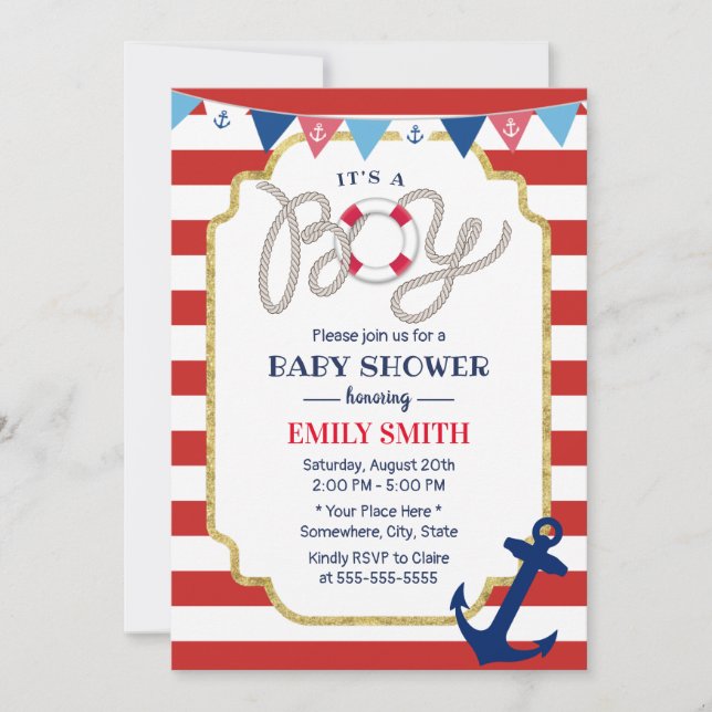 Nautical Baby Boy Shower Navy Anchor Red Stripes Invitation (Front)
