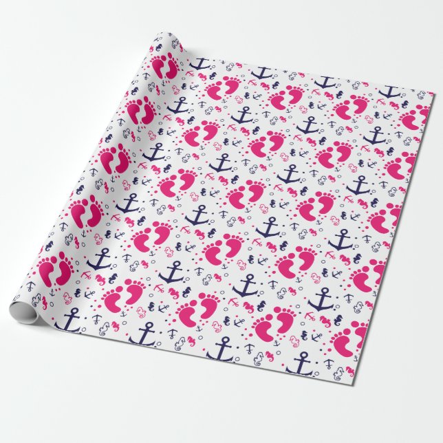 Nautical baby girl pink, navy blue wrapping paper (Unrolled)