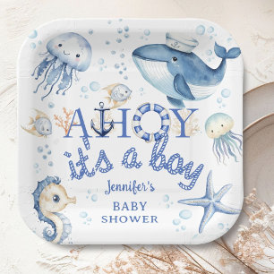 Nautical Baby Shower Ahoy it's A Boy Navy Blue  Paper Plate