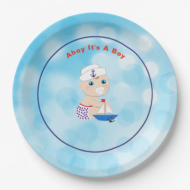Nautical Baby Shower Ahoy It's A Boy Paper Plate (Front)