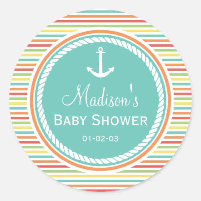 Nautical Baby Shower, Bright Rainbow Stripes Classic Round Sticker (Front)