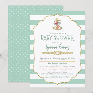 Nautical Baby Shower Floral Anchor Mint Green Invitation