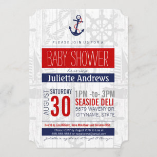 Nautical Baby Shower Invitation, Boy Blue Red Ahoy Invitation