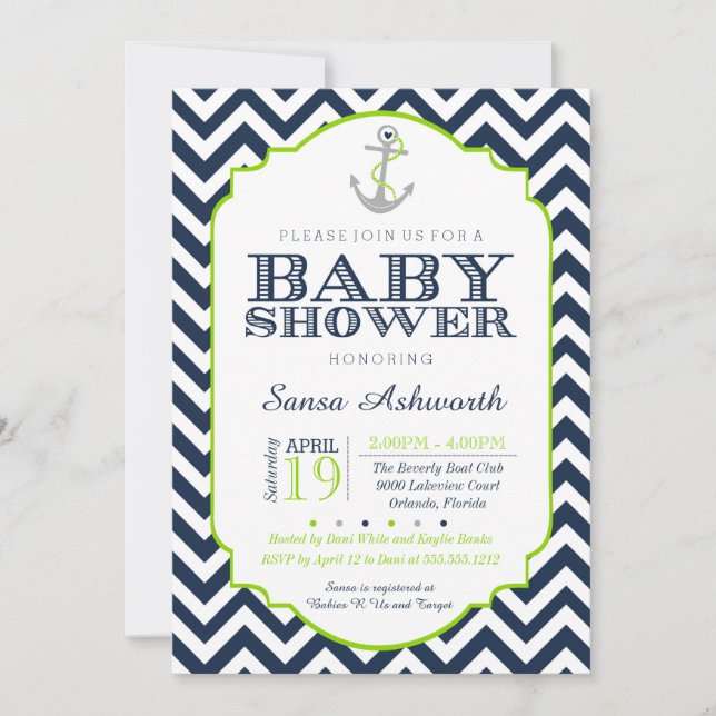 Nautical Baby Shower Invitation, Chevron lime blue Invitation (Front)