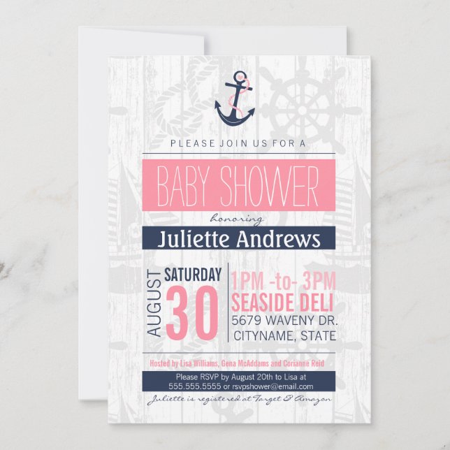 Nautical Baby Shower Invitation, Girl Pink Blue Invitation (Front)