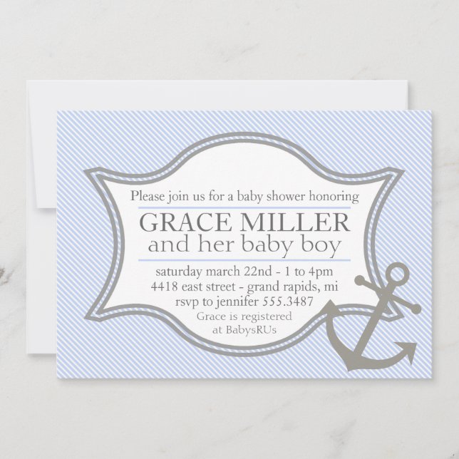 Nautical Baby Shower Invitation light blue & grey (Front)