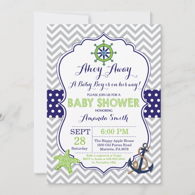 Nautical Baby Shower Invitation Navy Green Grey (Front)