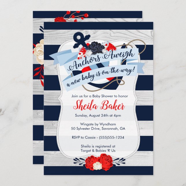Nautical Baby Shower Invitation - Sailor Theme (Front/Back)