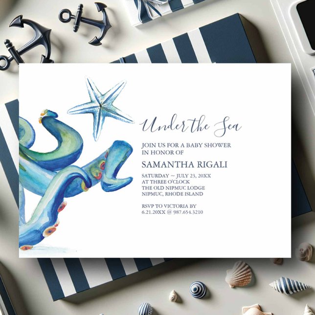 Nautical Baby Shower Invitations For Boy (Nautical baby shower invitations watercolor blue octopus and starfish under the sea theme)