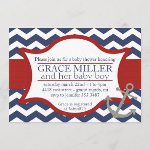 Nautical Baby Shower Invite. Navy blue and red. Invitation