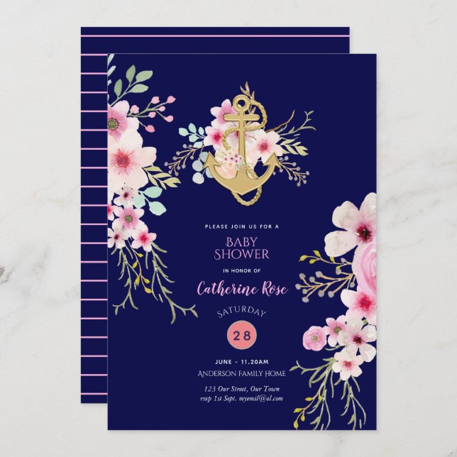 Nautical Baby Shower Invite Navy Blue Pink Flora (Front/Back)