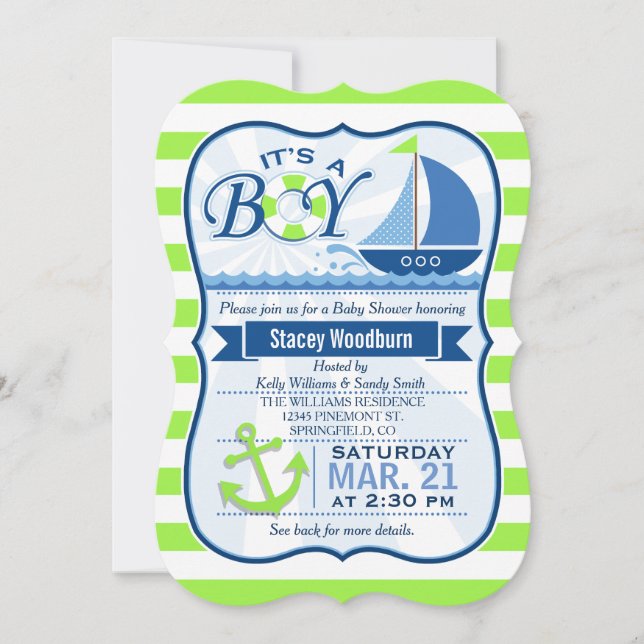 Nautical Baby Shower; Lime Green & Blue Invitation (Front)