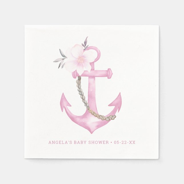 Nautical Baby Shower Napkins | Pink Floral Anchor  (Front)