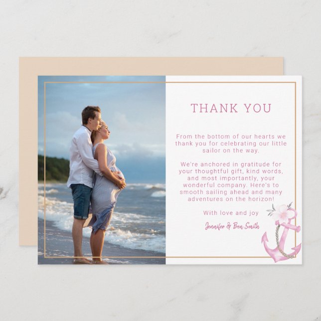 Nautical Baby Shower Photo Thank You Card | Pink W (Front/Back)