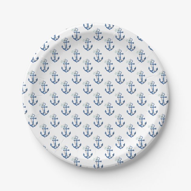 Nautical Baby Shower Plates | Blue Floral Anchor B (Front)