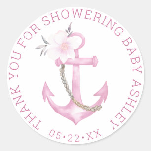 Nautical Baby Shower Thank You Sticker Pink Flor
