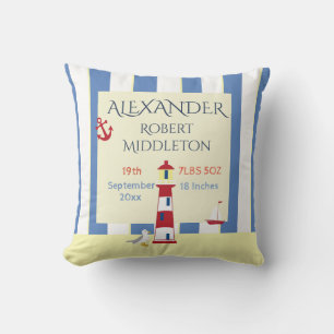 Nautical Baby Stats Boy Blue Stripes Cushion