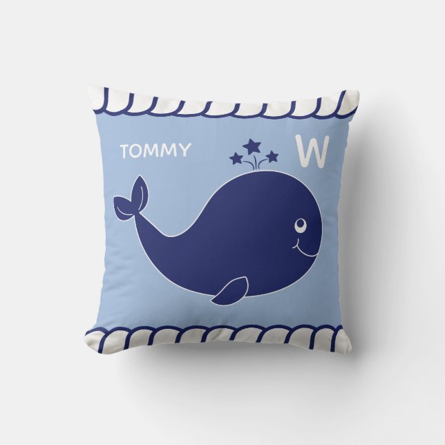 Nautical Baby Whale Add Name and Monogram Blue Cushion (Front)