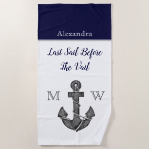 Nautical Bachelorette Floral Anchor Navy Last Sail Beach Towel