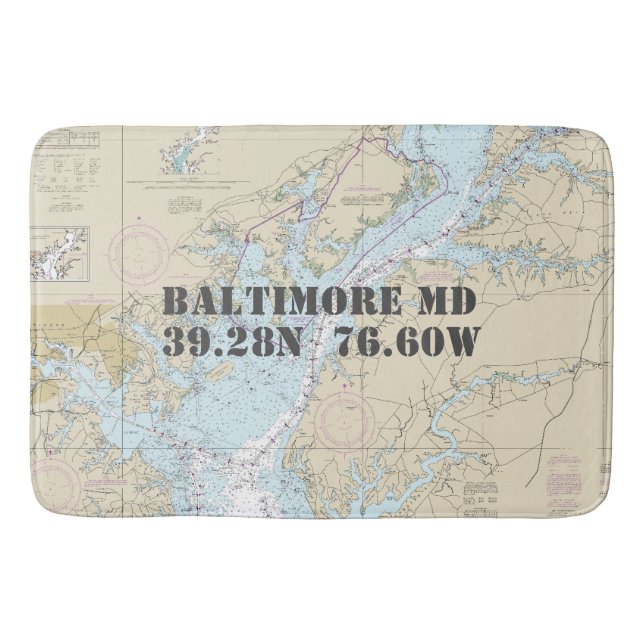 Nautical Baltimore MD Longitude Latitude Chart Bath Mat (Front)