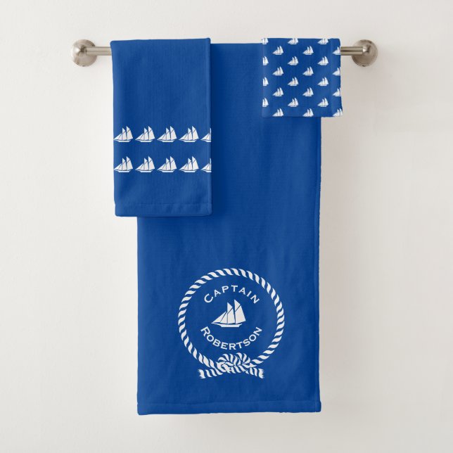 Nautical bath custom name Captain Sailboat Bath To Towel Set (Insitu)
