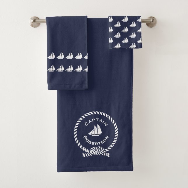 Nautical bath custom name Captain Sailboat Towel Set (Insitu)