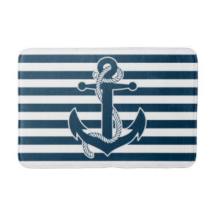 Nautical Bath Mat With Anchor And Stripes