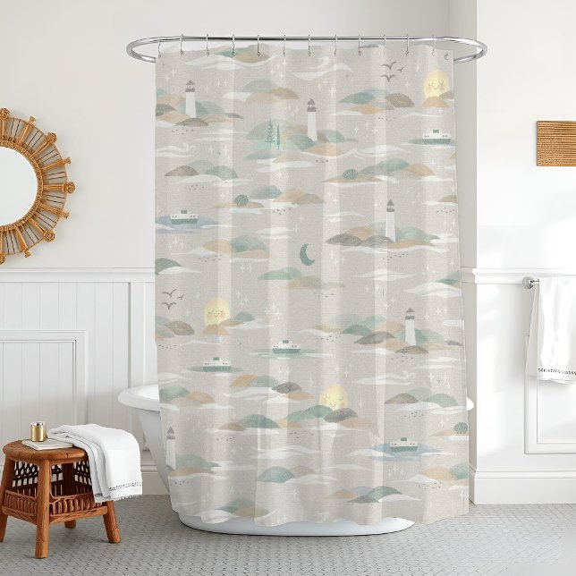 Nautical Bath Seattle Ferry Neutral Lighthouse Shower Curtain (PNW-inspired shower curtain with ferries, evergreens & lighthouses in soft greige-green tones.)