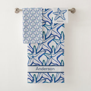  Nautical Bathroom Navy Blue Starfish pattern Bath Bath Towel Set