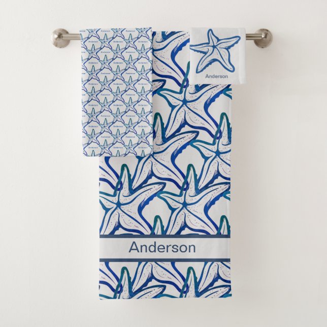  Nautical Bathroom Navy Blue Starfish pattern Bath Bath Towel Set (Insitu)