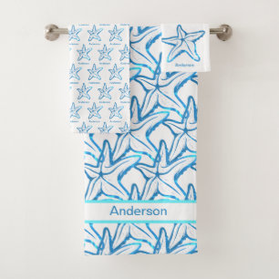 Nautical Bathroom Ocean Blue Starfish pattern Bath Towel Set