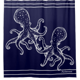 Nautical Bathroom Ocean Navy Blue Octopus Bath S Shower Curtain