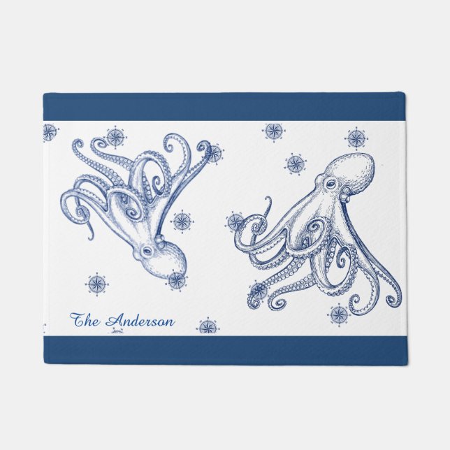  Nautical Bathroom Ocean Navy Blue Octopus  Doormat (Front)